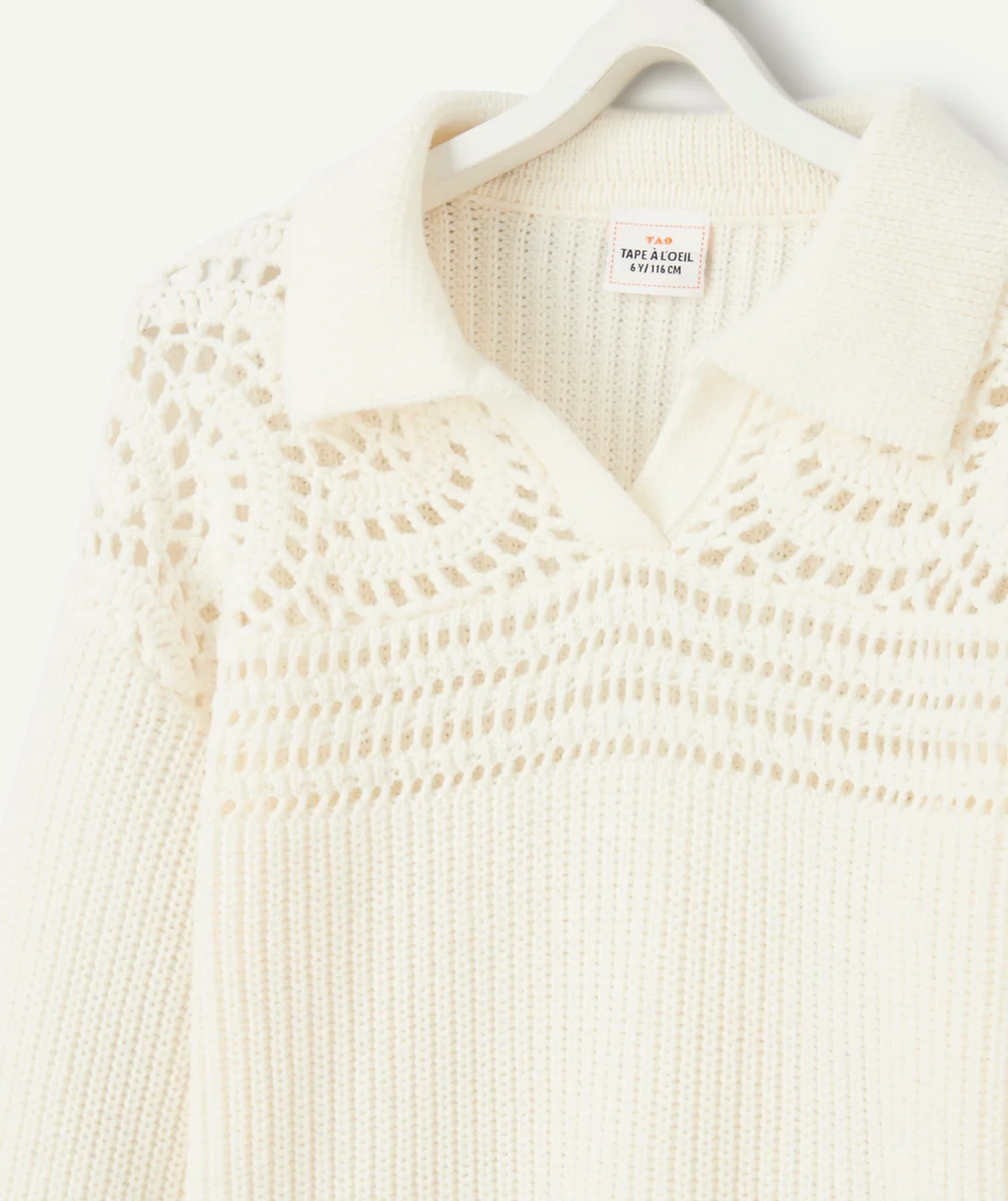 PULL FILLE ÉCRU EN TRICOT ET CROCHET AVEC COL