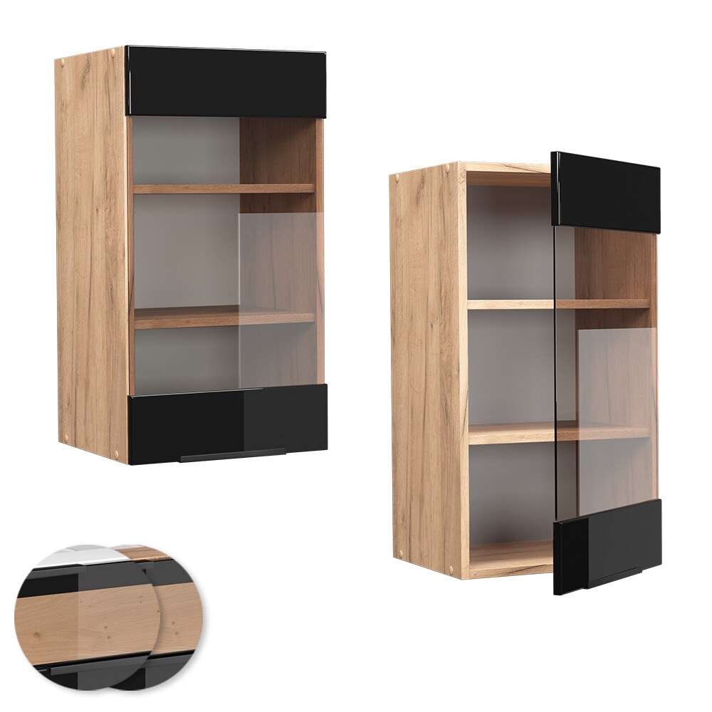 Vicco Glashängeschrank Küchenschrank Küchenmöbel Fame-Line Eiche Schwarz 40 cm modern Hochglanz