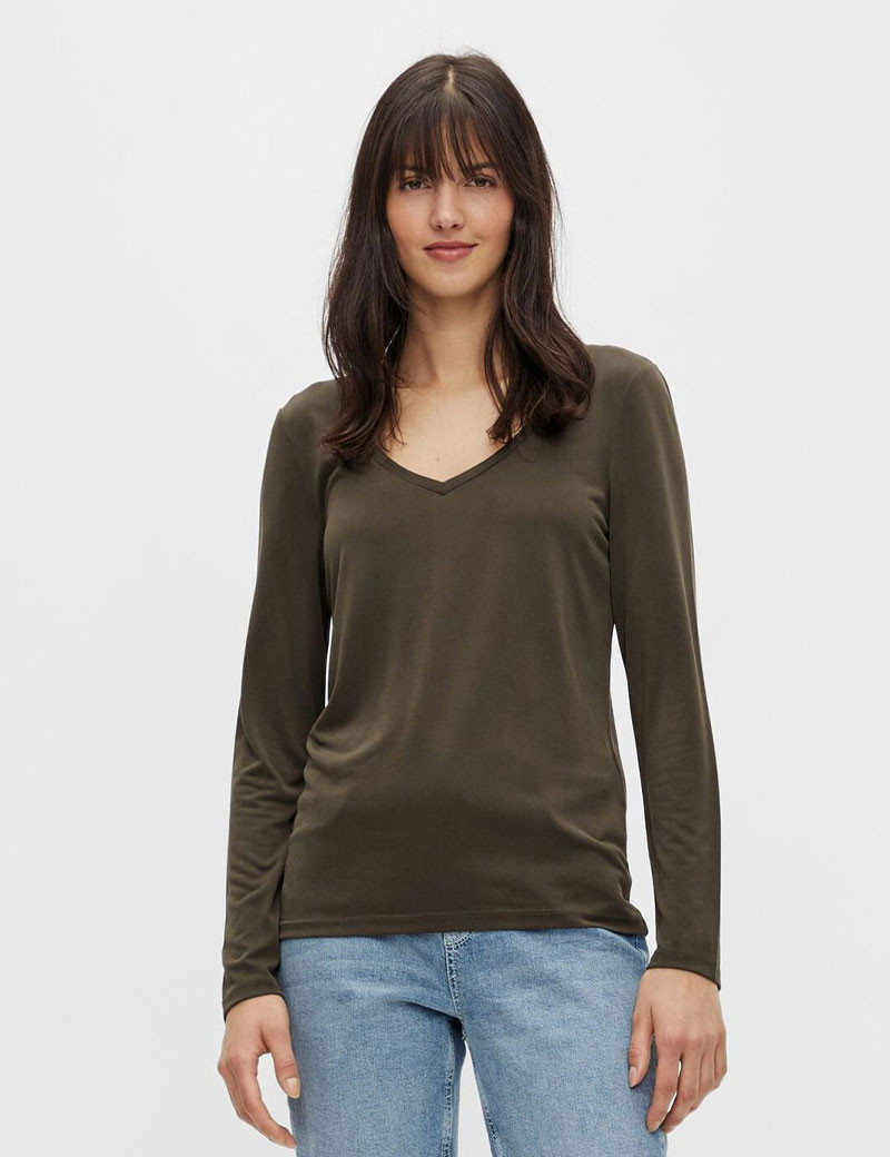 PIECES T-SHIRT BASIQUE KAMALA MANCHES LONGUES KAKI