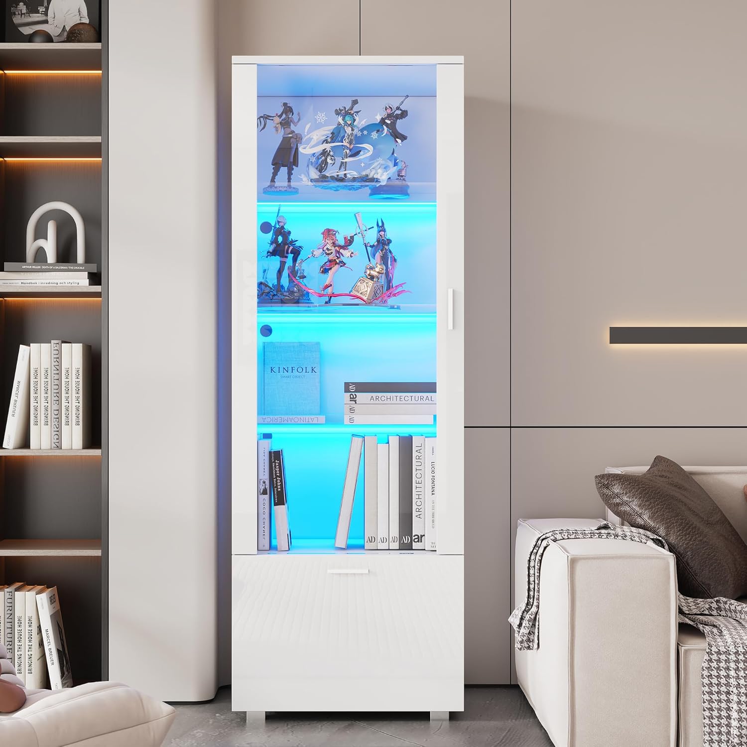 Merax Vitrinenschrank mit LED Beleuchtung, Glasvitrine mit 3 Fachböden, Schublade, Hochglanzvitrinen für Sammlerstücke, Bücherschrank mit Glastüren, für Wohnzimmer, Schlafzimmer, 50x40x160cm, Weiß