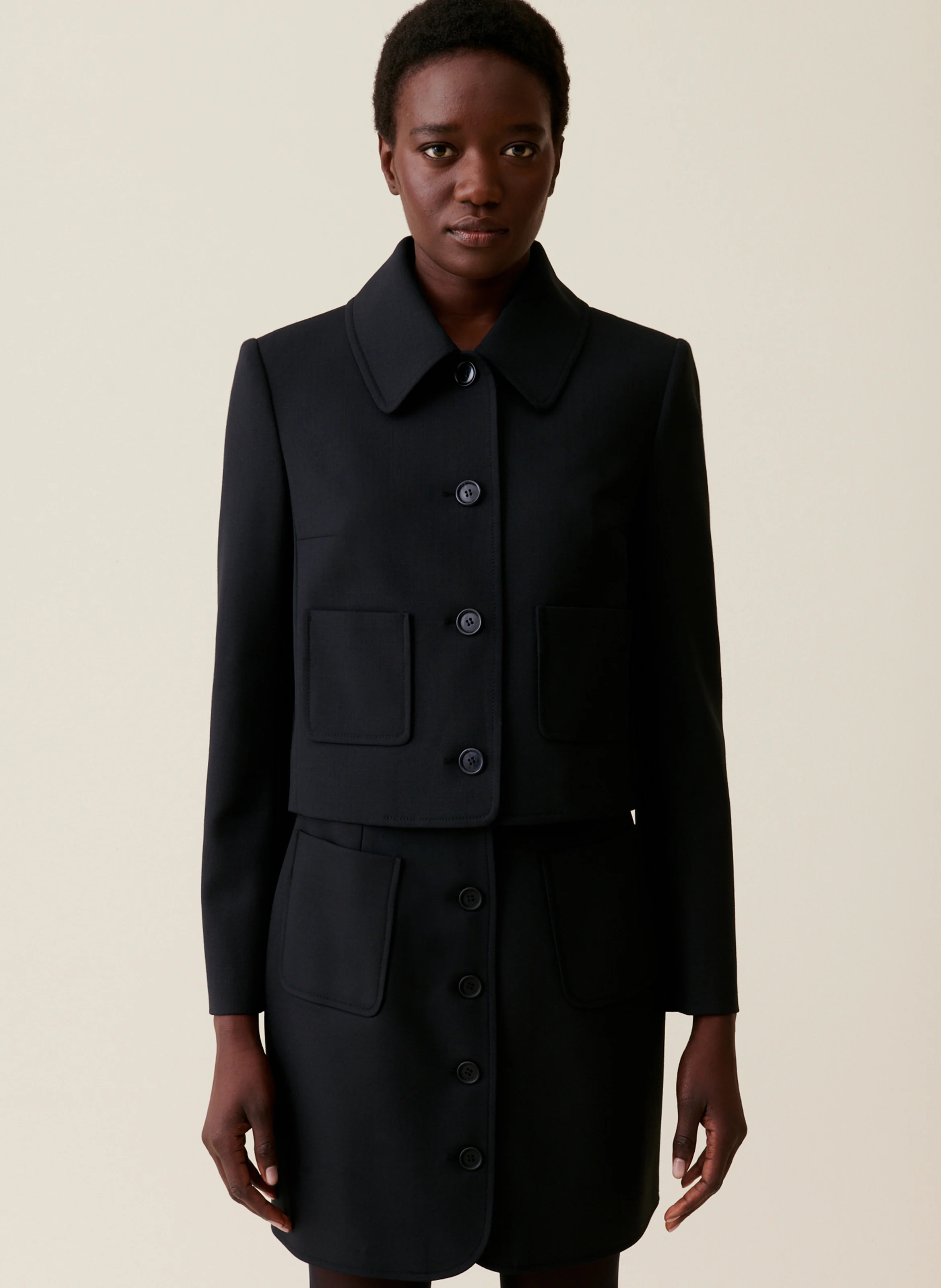 Veste col classique en laine mélangée| Noir