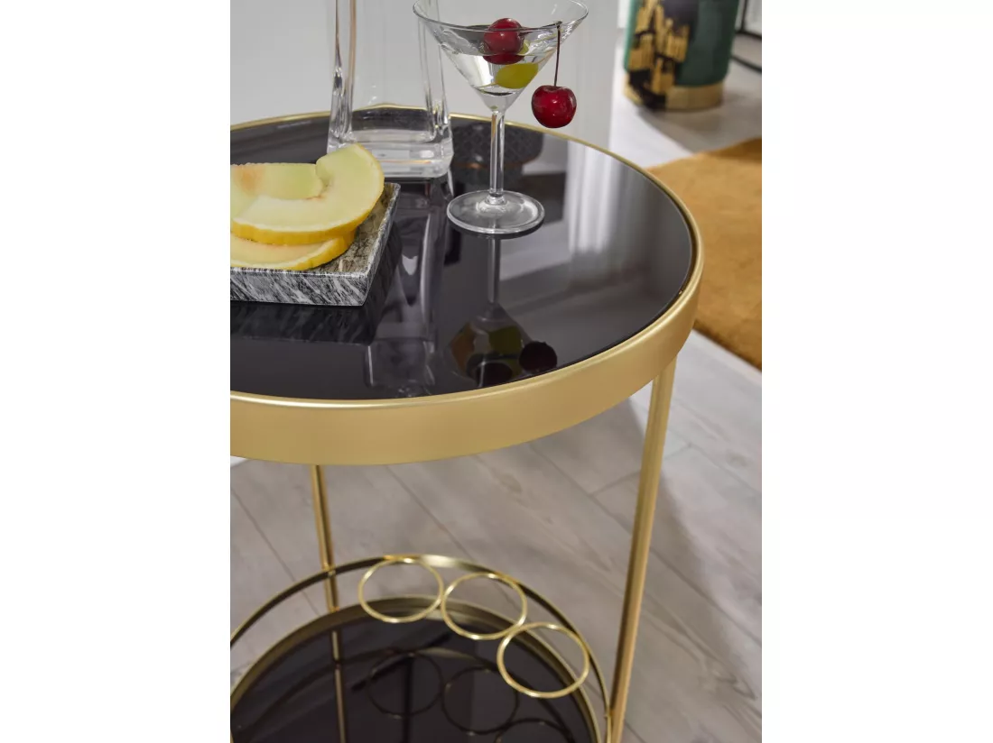 desserte table d'appoint dorée sur roulettes chariot de salle à manger en verre rond Ø 45 cm