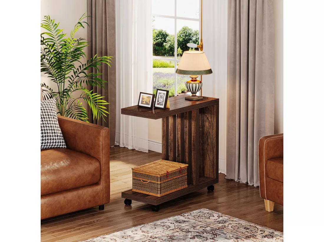 Table d'appoint en Forme de C, Table d'appoint Rustique en Bois avec roulettes verrouillables, Couleur Marron