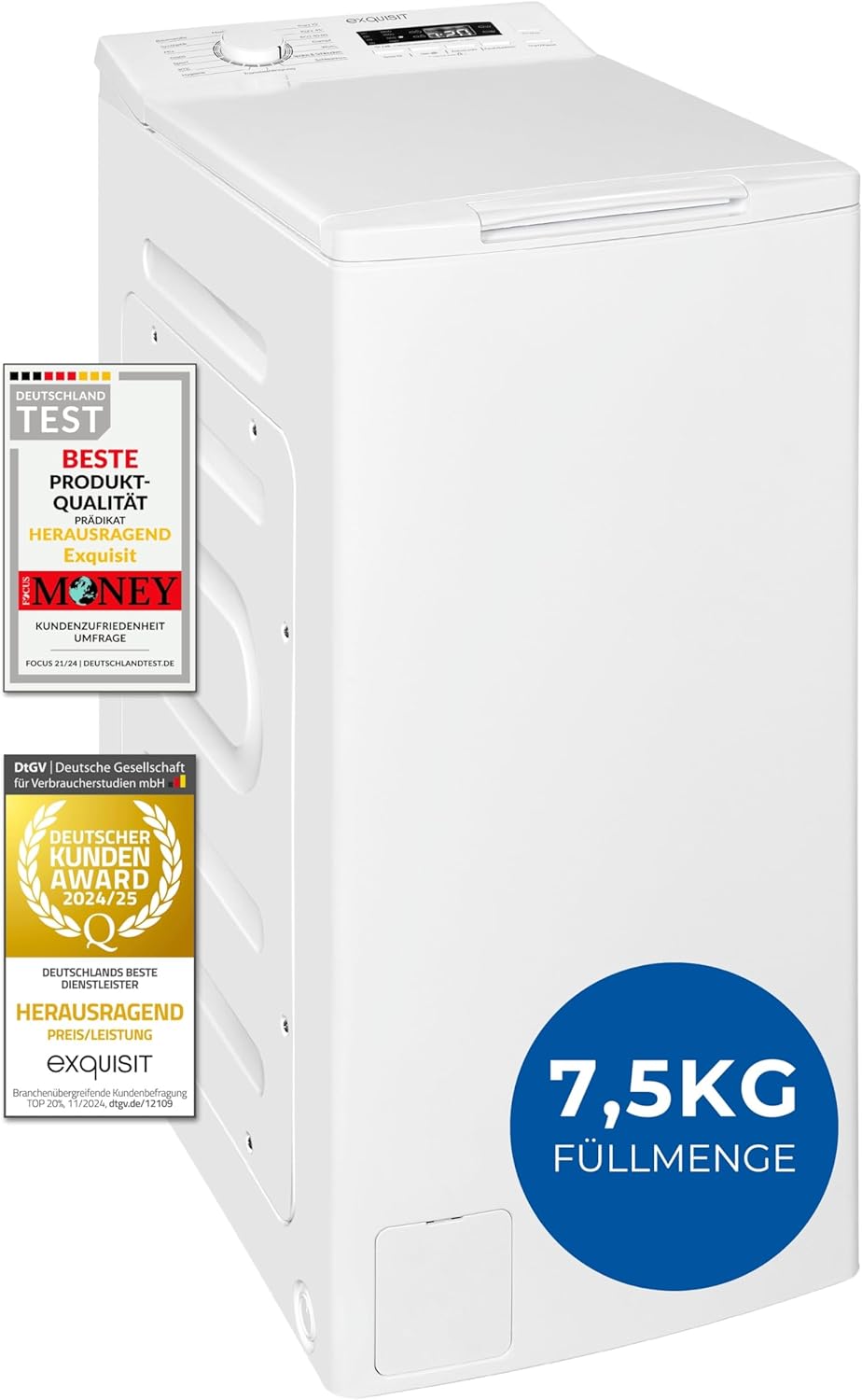 Exquisit Toplader Waschmaschine | 7,5 kg Kapazität, Energieklasse A, 1200 U/Min, 78 dB(A) | schmale Bauform, 15 Programme, Eco 40–60, Kurzprogramm, Startverzögerung, Aquastop | LTO51207-030A weiss
