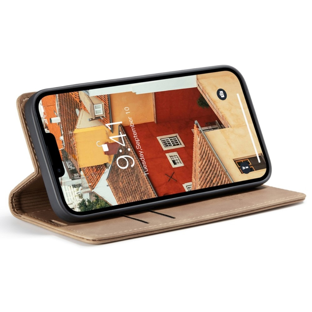 iPhone 14 Leder Tasche Flip Wallet Etui mit Kartenfächern - Hellbraun