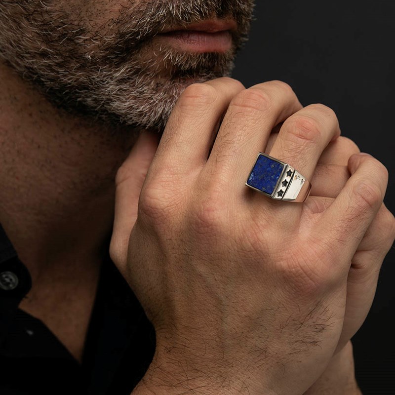 Chevalière Homme étoiles Lapis Argent
