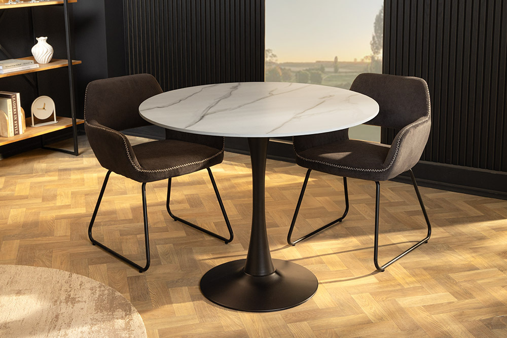 Runder Esstisch LYON 80cm weiß Marmor Keramik Bistrotisch schwarzer Säulenfuß