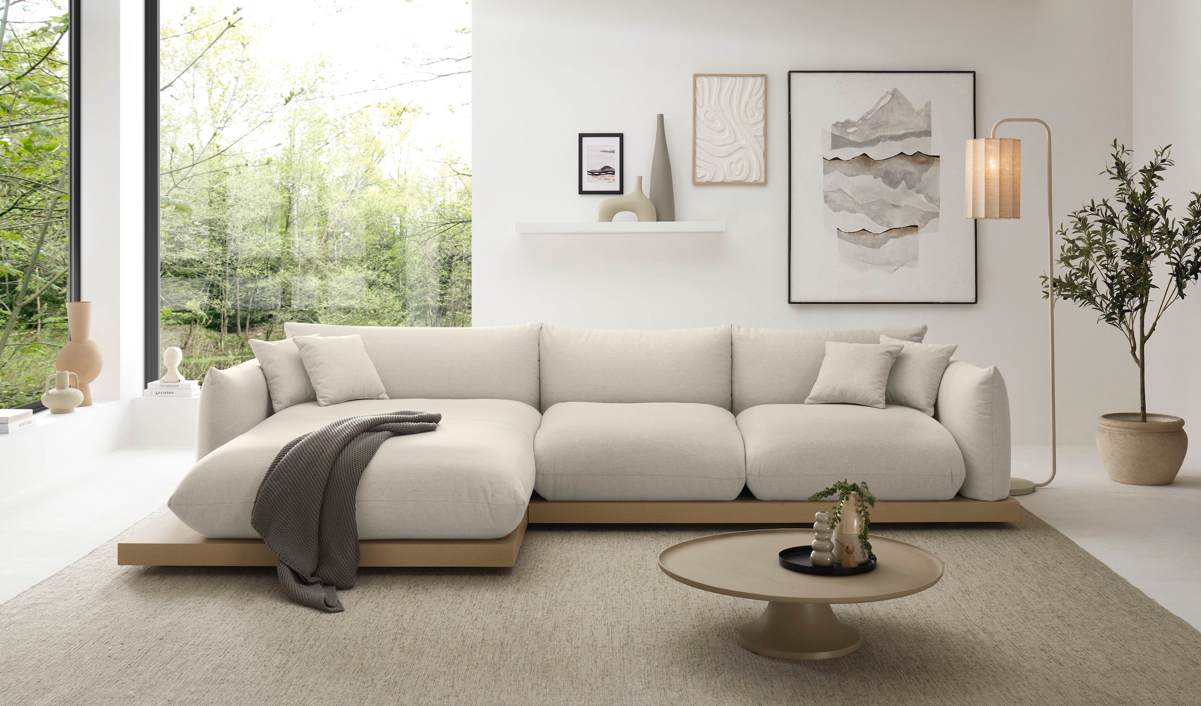 GOODproduct Ecksofa »Kalix, Polsterecke mit kräftigem Holz-Plateau, moderne Couch in L-Form« wahlweise Recamiere links o. rechts, Strukturstoff, hoher Sitzkomfort