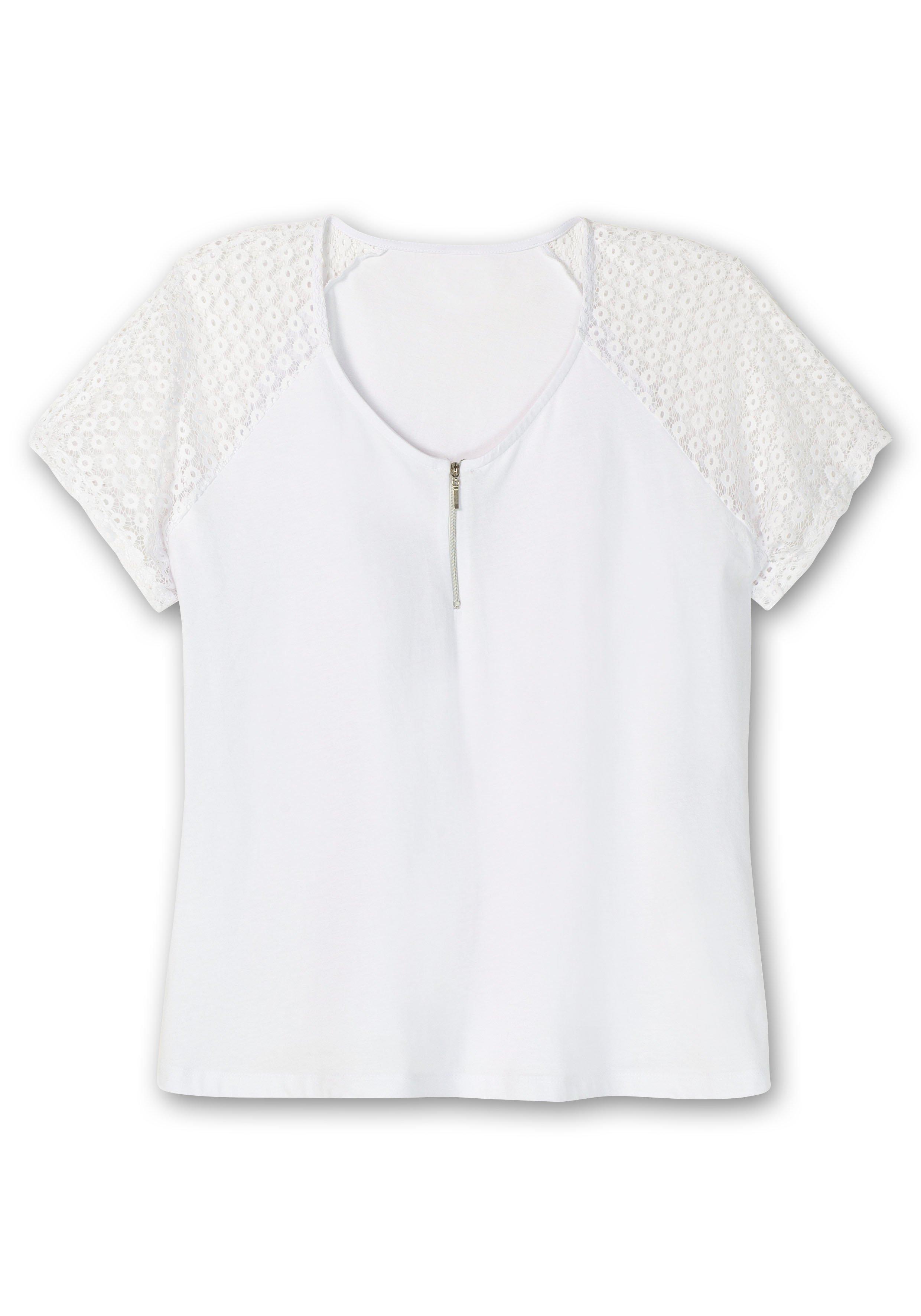 Shirt mit Zipper am Ausschnitt und Ärmeln aus Spitze