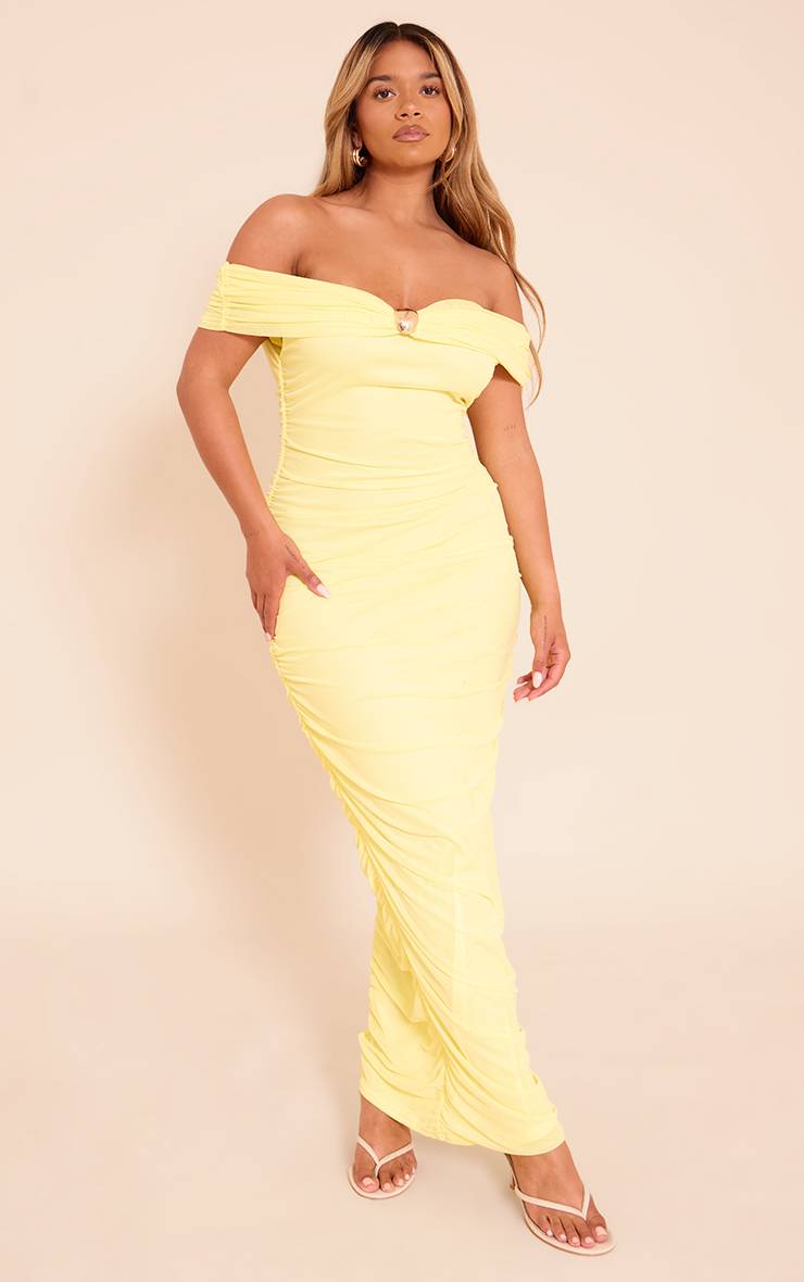 Butter Yellow Robe Maxi Moulante En Mesh À Col Bardot Avec Finitions Dorées Et Fronces
