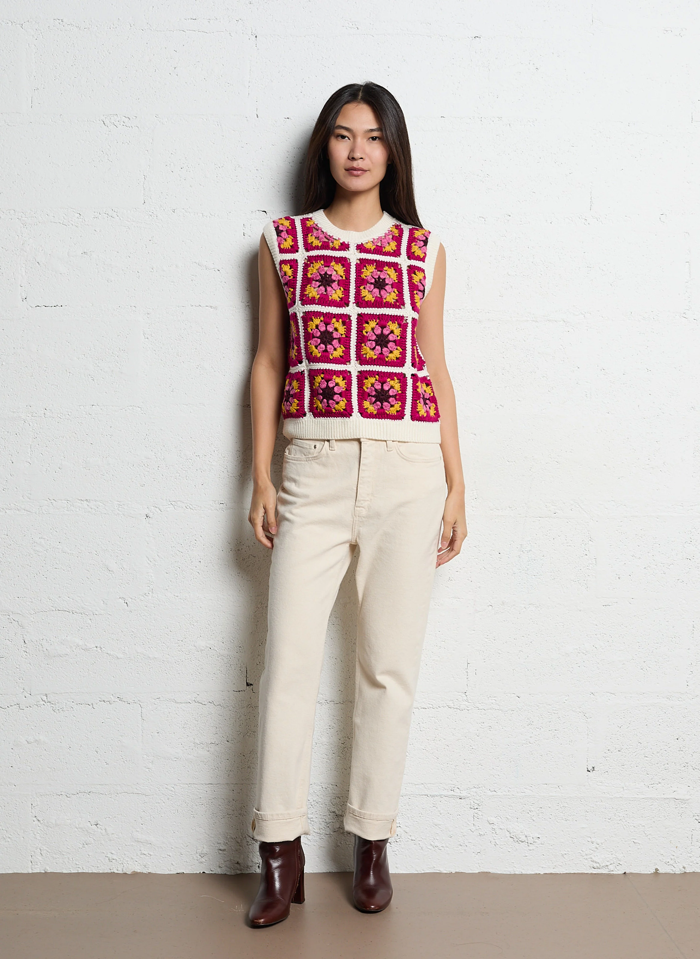 MARCY - Pull col rond à motif floral | Blanc