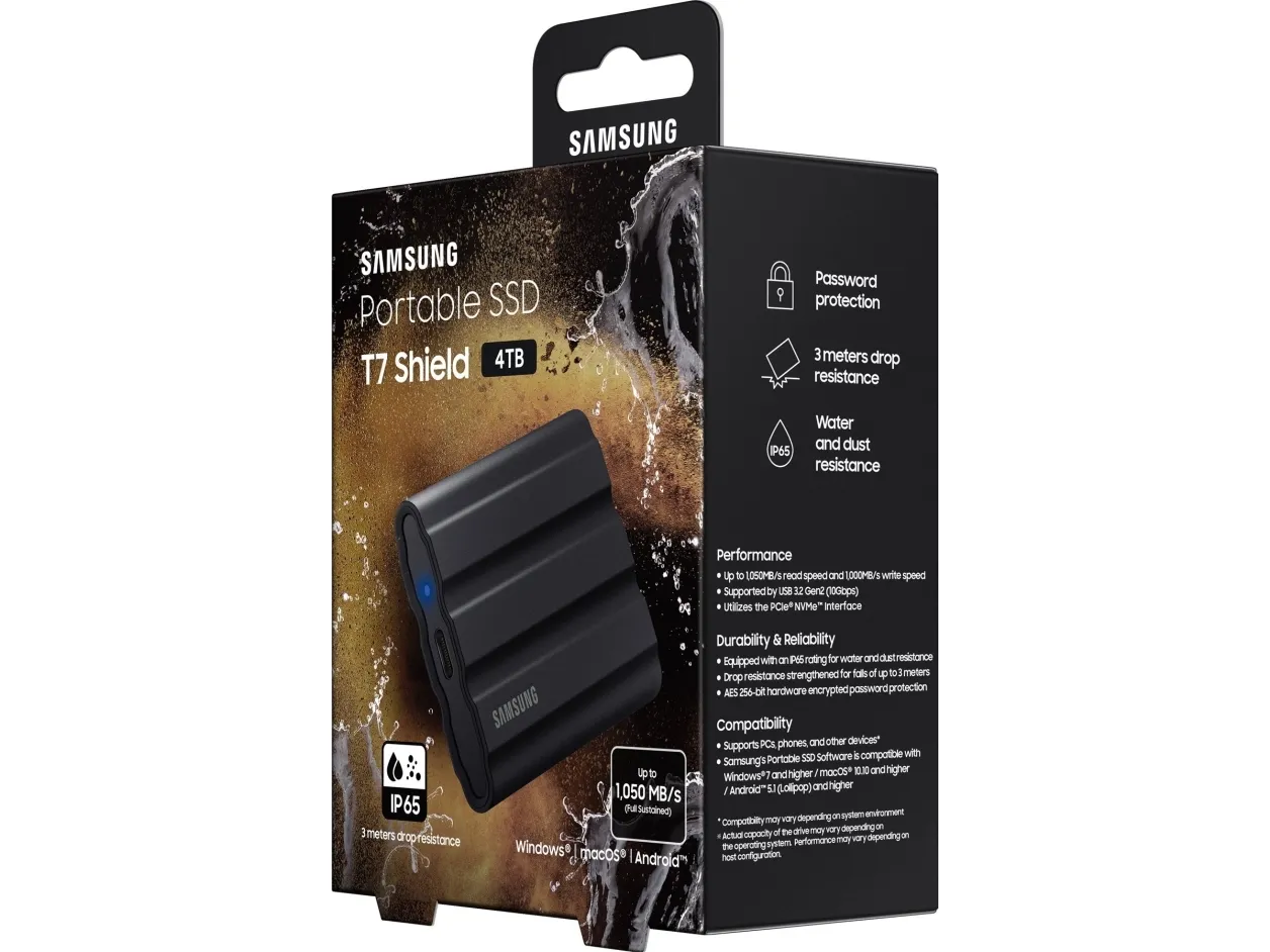 Samsung T7 Shield MU-PE4T0S - SSD - krypteret - 4 TB - ekstern (bærbar) - USB 3.2 Gen 2 (USB-C stikforbindelse) - 256-bit AES - sort