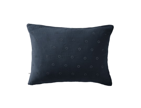 TERRE DE NUIT - Taie d'oreiller brodée double gaze de coton bleu marine 60 x...