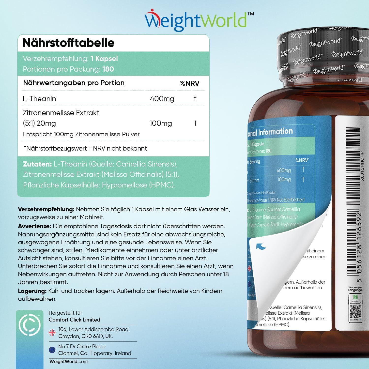 WeightWorld L-Theanin Aminosäure mit Zitronenmelisse
