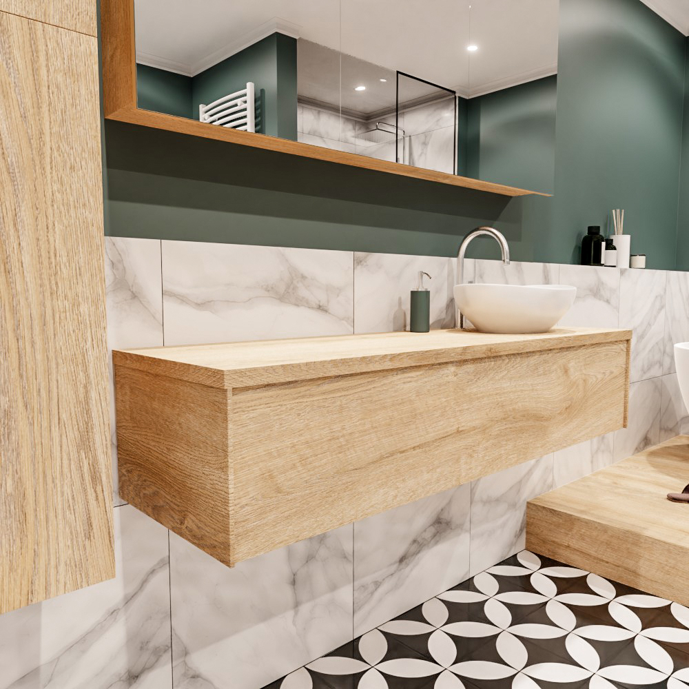 SHOWMODEL: Lush onderkast met topblad 150cm in kleur WASHED OAK met 1 lades Push tot open  geschikt voor rechtse wastafel. Met ovale keramische opzetkom met 1 kraangat(en) in het topblad
