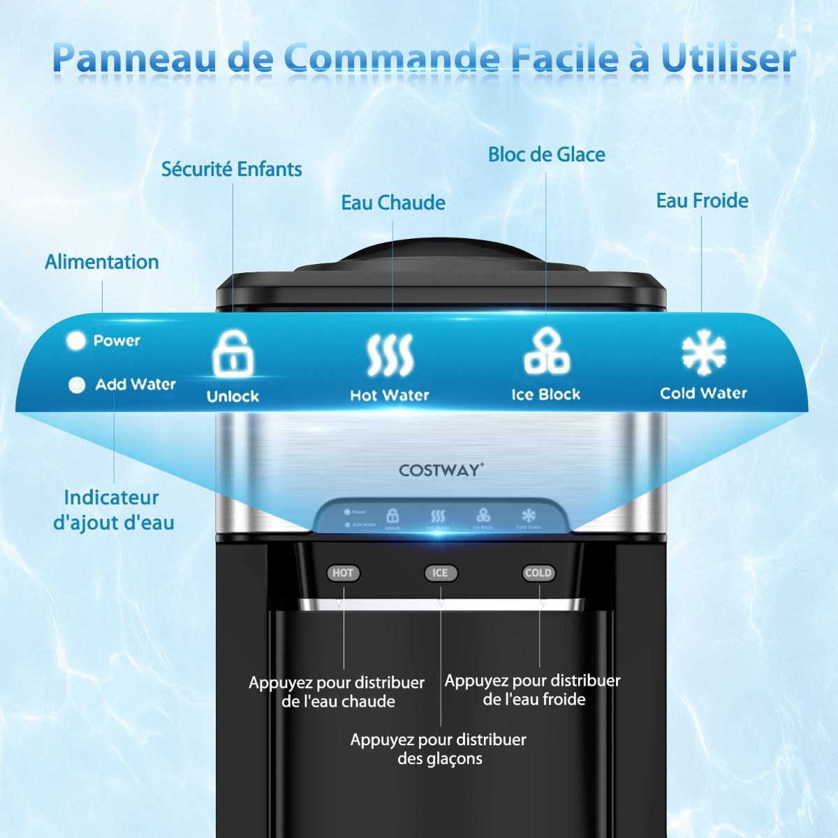 Machine à Glaçons 3 en 1 avec Distributeur d'Eau Froide/Chaude 20 kg en 24h Cube de Glace 6-13 min pour Maison Bureau Bar - Lidl-Manfred