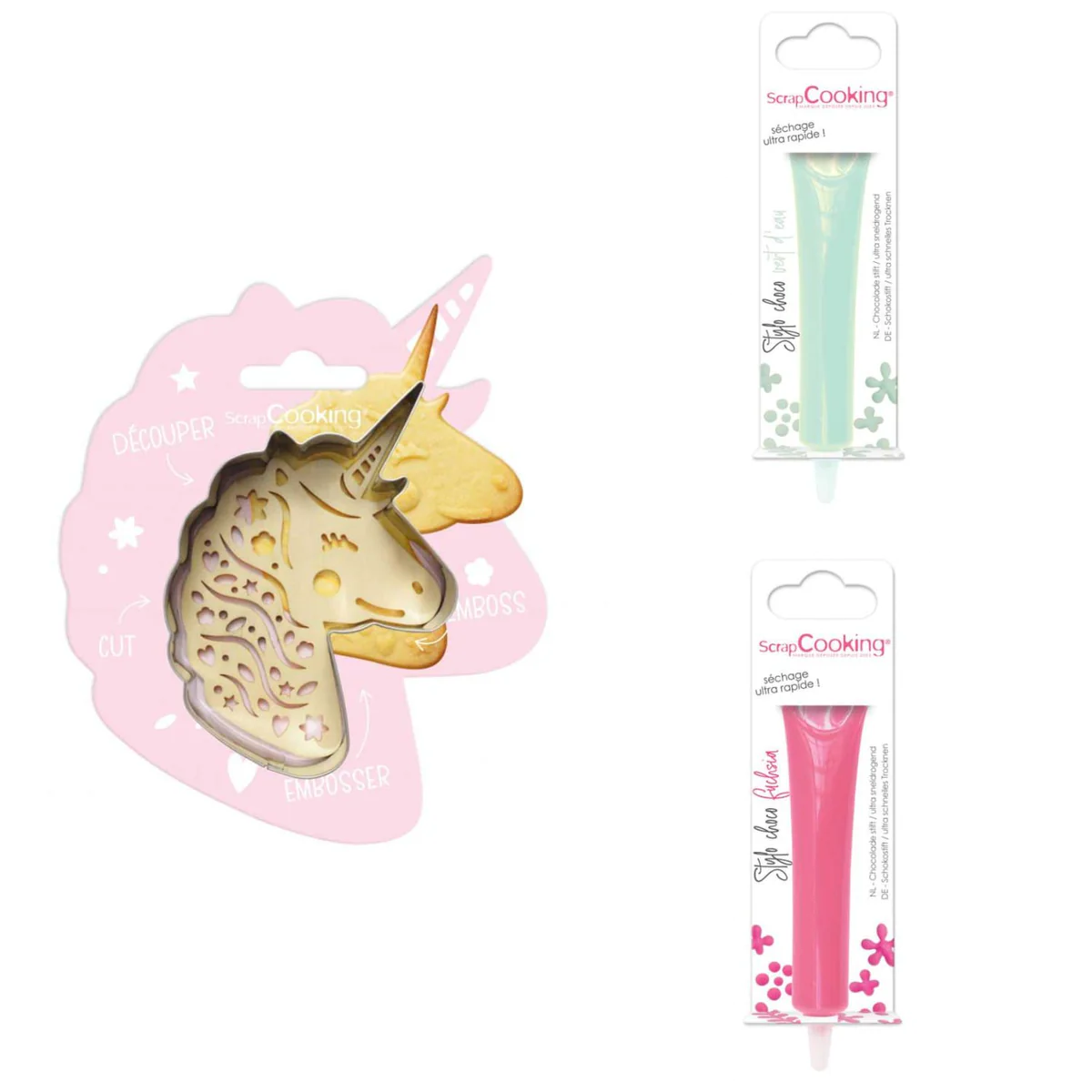 Kit pour biscuit en relief Licorne + 2 Stylos au chocolat vert d'eau e