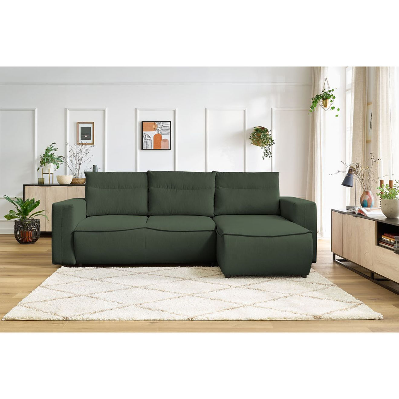 Bobochic Canapé d'angle droit convertible coffre jasmin velours côtelé vert - 256x158x90 cm