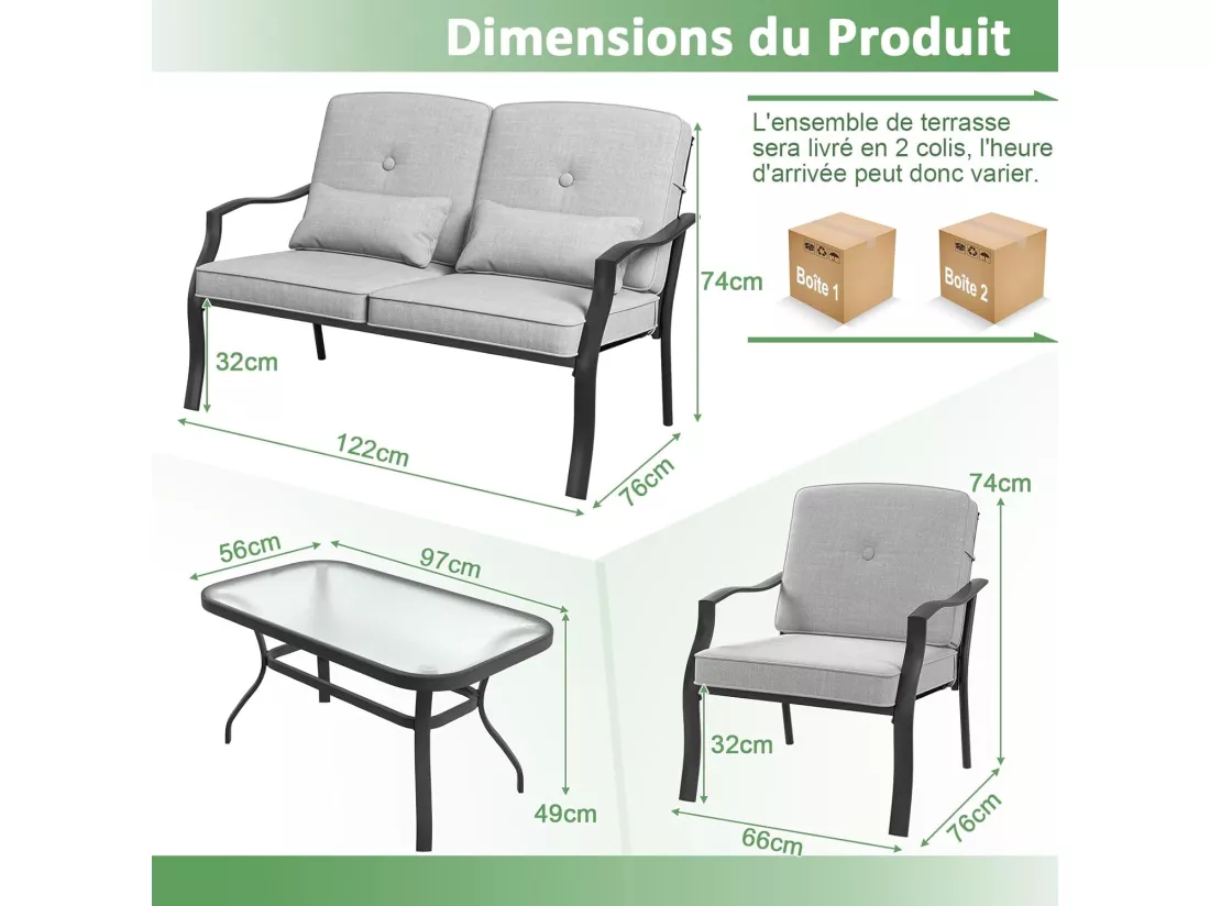 Salon de Jardin 4 Pièces avec Table Basse en Verre Trempé et Coussins Charge 300KG, Ensemble de Canapés de Terrasse avec Cadre Métallique 4 Places, pour Patio Balcon Terrasse