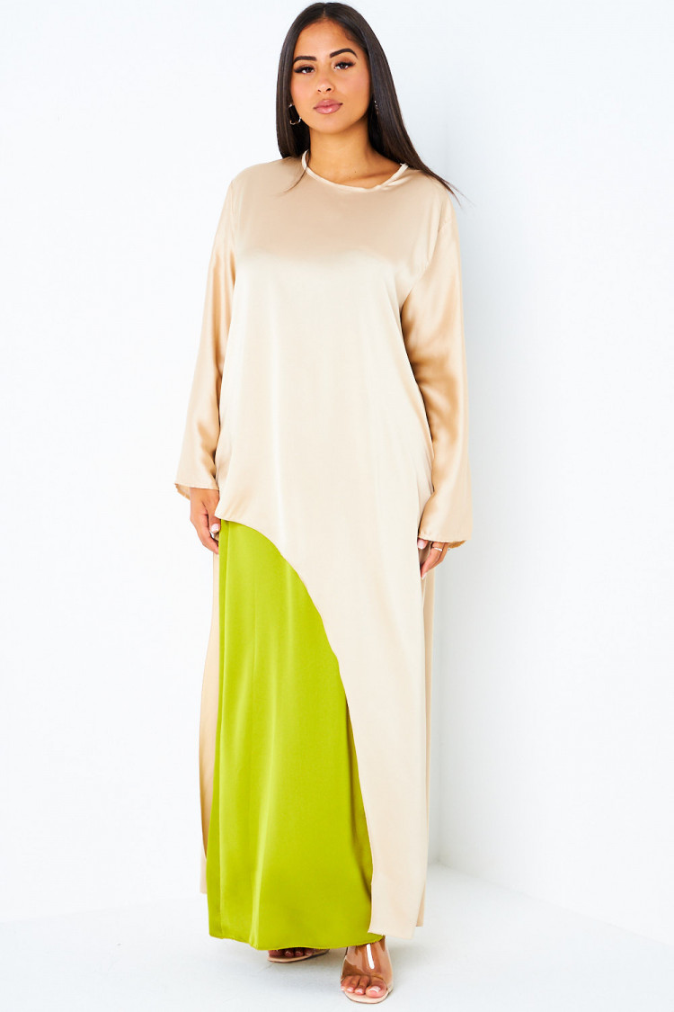Ensemble 2 pièces blouse asymétrique beige + jupe verte