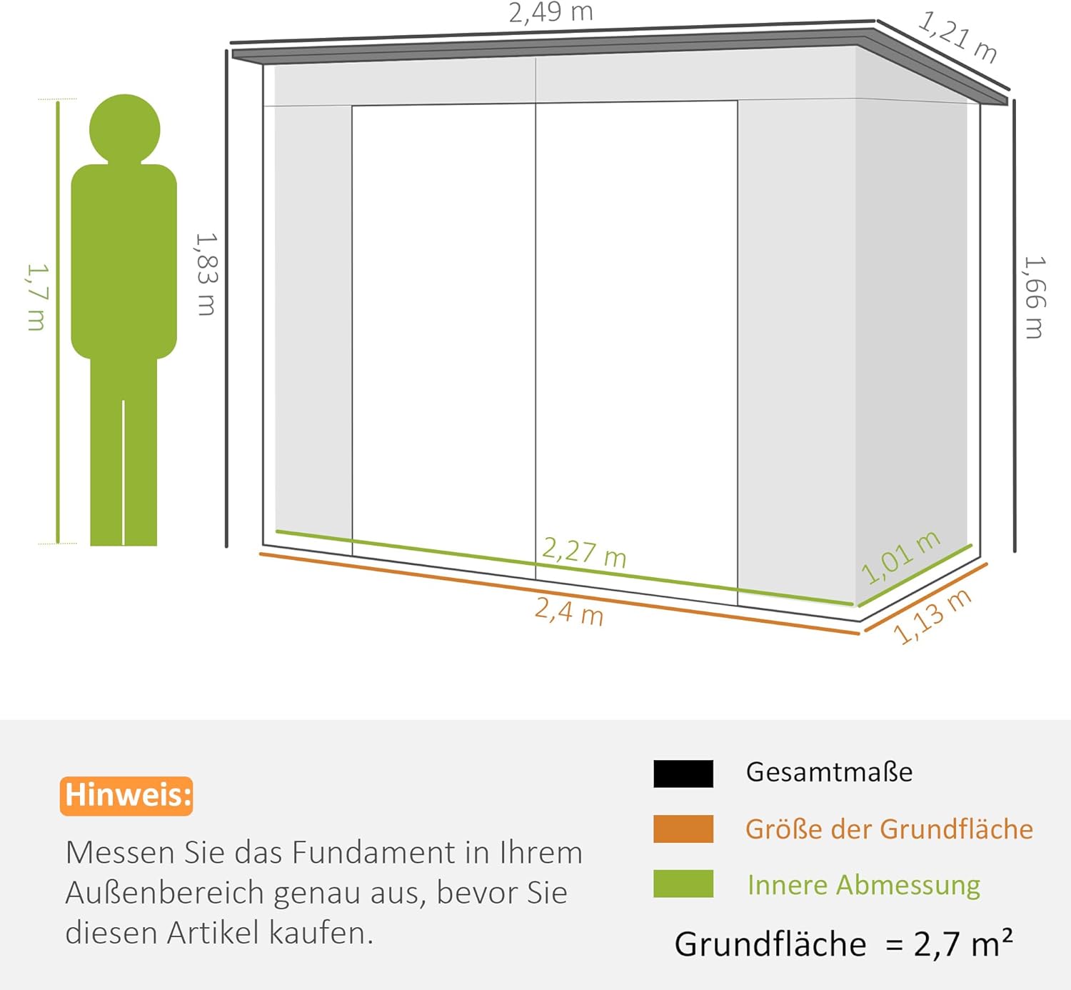 Outsunny Metall Gerätehaus 2,7 m² 249x121x183cm Geräteschuppen mit Pultdach Abschließbarer Doppeltür Entlüftung Schloss Rampe Gartenhaus Outdoor Garten Schuppen für Hinterhof Außenbereich Grün