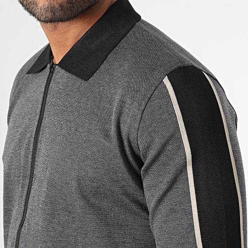 Ensemble Veste Zippée et Pantalon Jogging A Bandes BM1692 Gris Anthracite Chiné Beige
