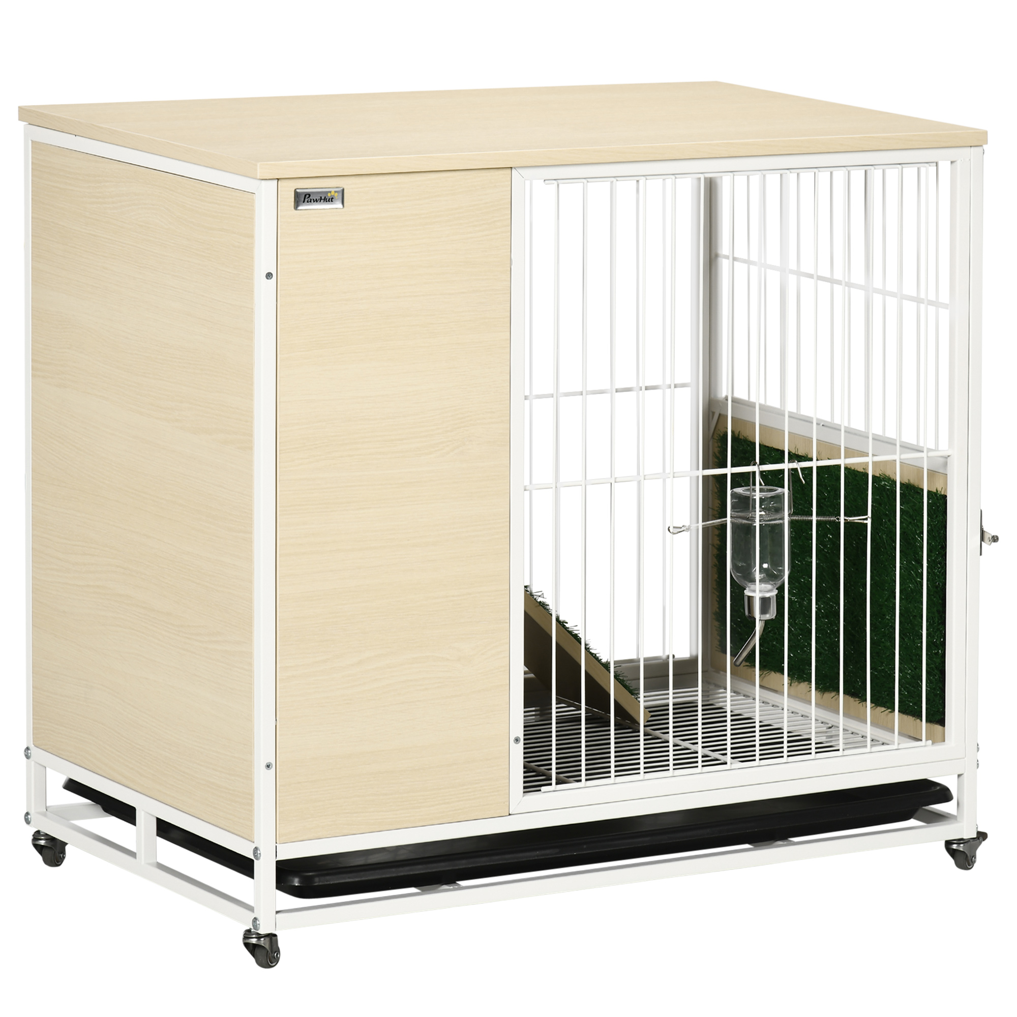 Gaiola de madeira PawHut para coelhos com rodas, móvel para coelhos de interior, 78x52,5x76,5 cm, com mesa lateral com teto que abre, cercado, bandeja removível, bebedouro e rampa, cor carvalho.