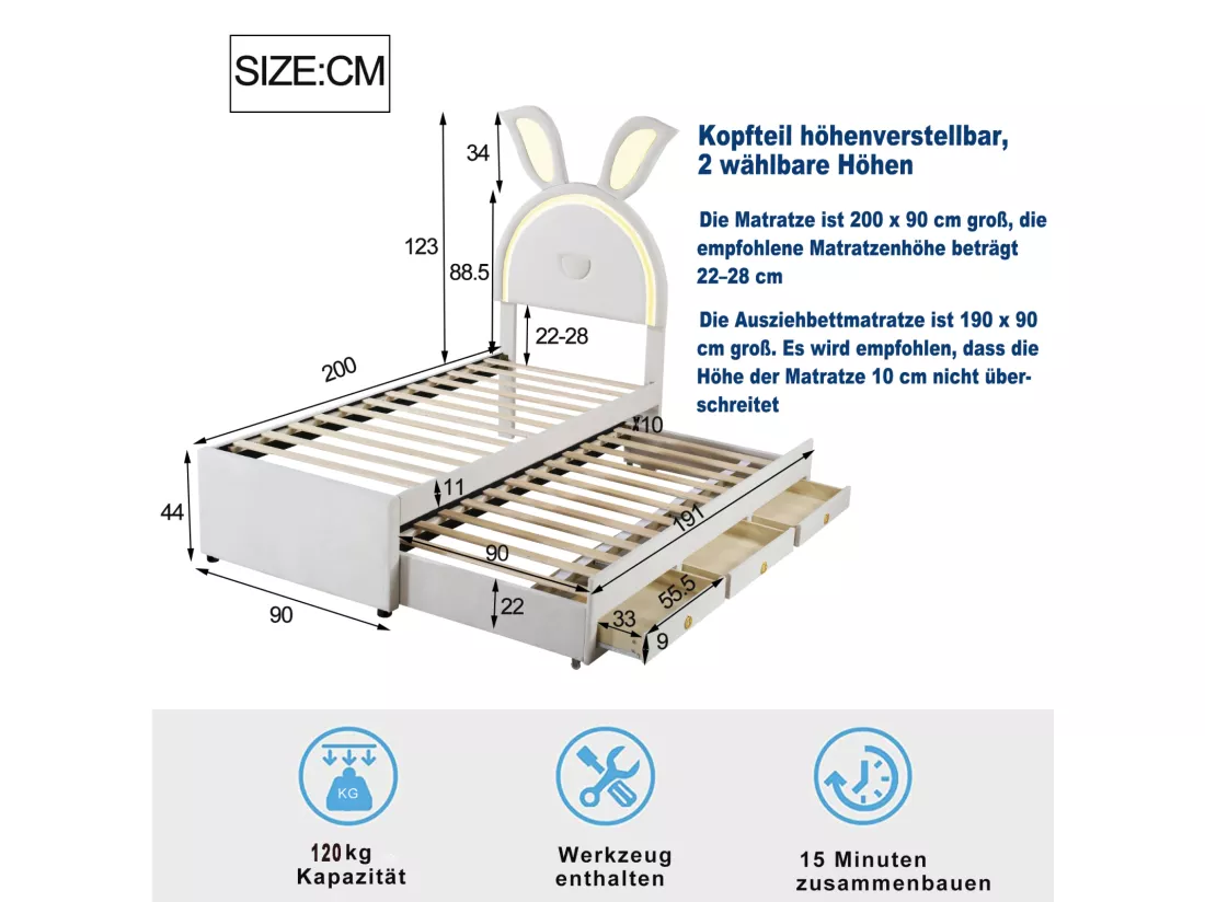 Lit gigogne 90x200+90x190cm, lit enfant capitonné en tissu velours, avec tiroir de rangement, tête de lit LED avec oreilles de lapin, beige