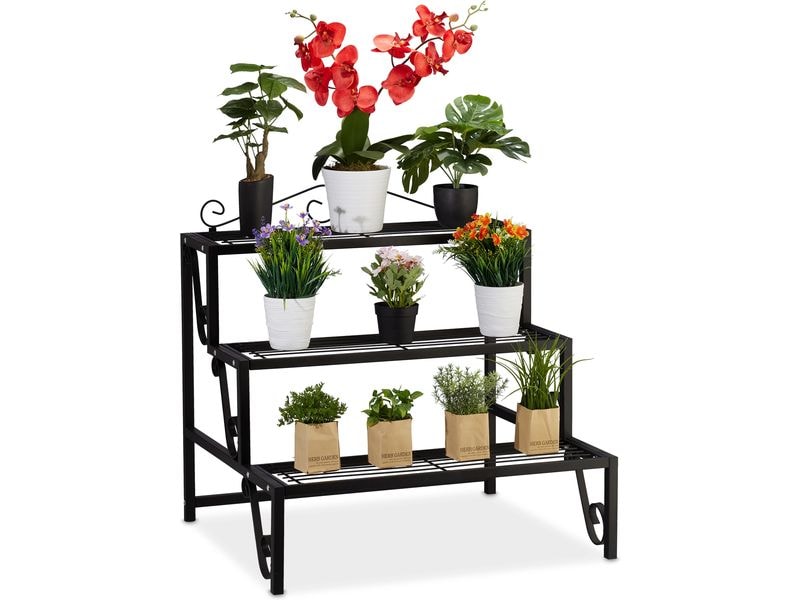 relaxdays Blumentreppe 69 cm, Schwarz Pflanzentreppe