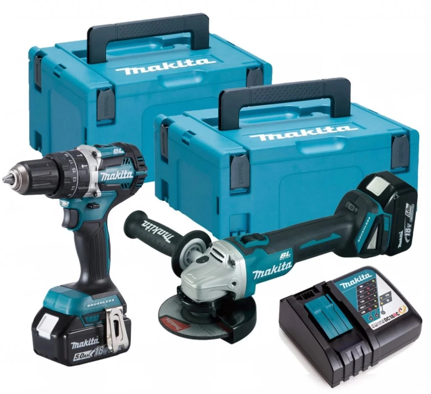 Makita DLX2210TJ1 18V Li-Ion accu klopboor- /schroefmachine (DHP484Z) & haakse slijper (DGA506) combiset (2x 5Ah accu) in Mbox