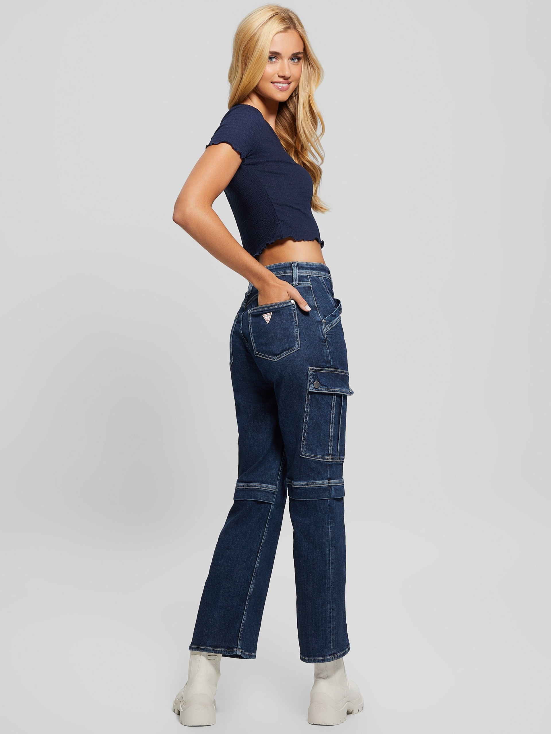 Calças cargo em jeans ecológicas dos anos 80