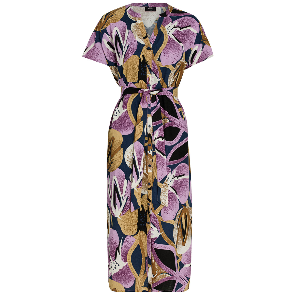 Gina Benotti Damen Leinen-Midi-Kleid mit Allover-Print dunkelblau / helllila / beige