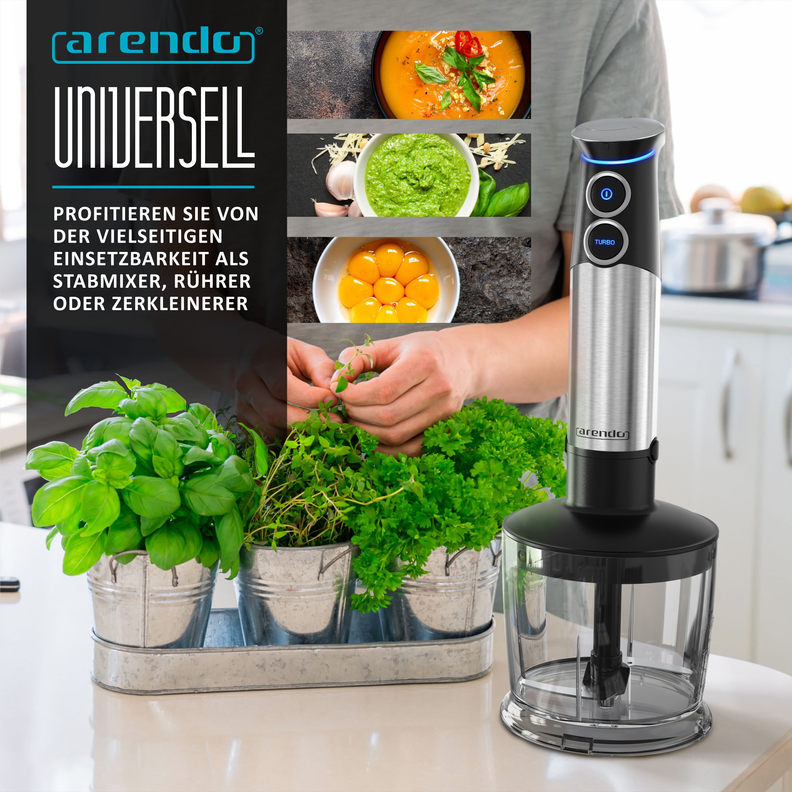 Arendo Stabmixer Edelstahl Set - Pürierstab - stufenlose Geschwindigkeit + Turbotaste