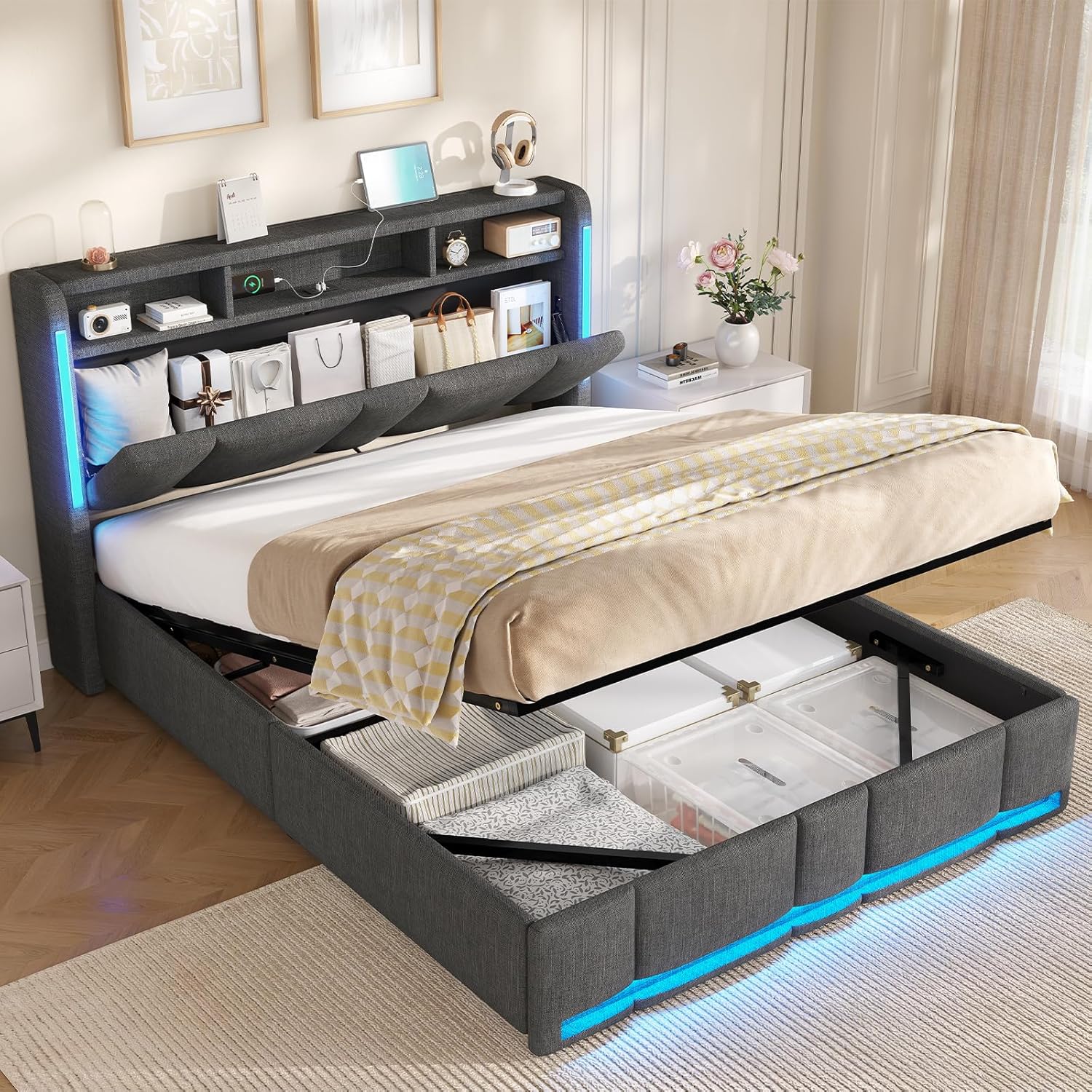 AOGLLATI Polsterbett Doppelbett 140x200 mit bettkasten, Hydraulischem Stauraumbett mit LED Beleuchtung & Steckdosen, Bett 140x200 cm mit Stauraum Kopfteil, Lattenrost, Linen,Dunkelgrau (Ohne Matratze)