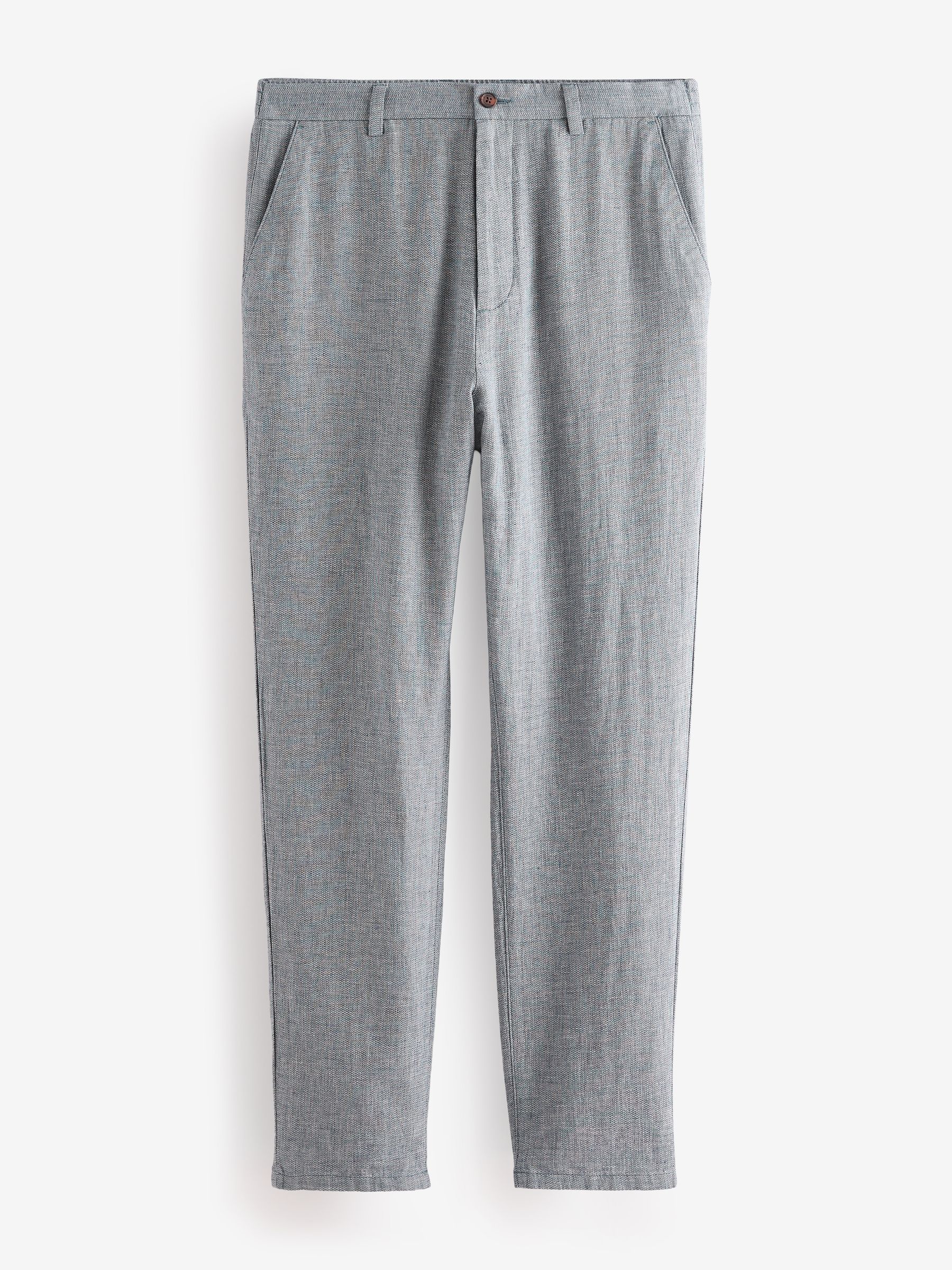 Chambray blauw - Getextureerde broek van linnenmix met elastische taille