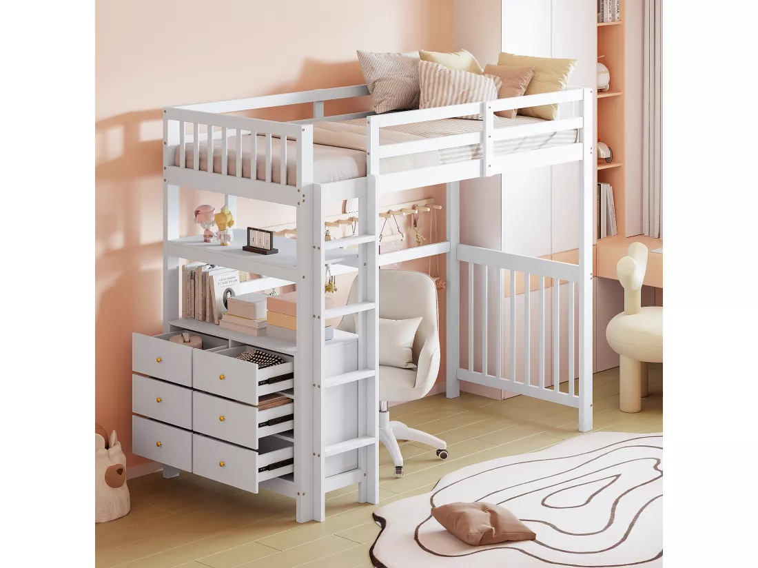 Lit mezzanine 90 x 200 cm avec avec bureau, étagère & 6 tiroirs - bois de pin et MDF - blanc (sans matelas)