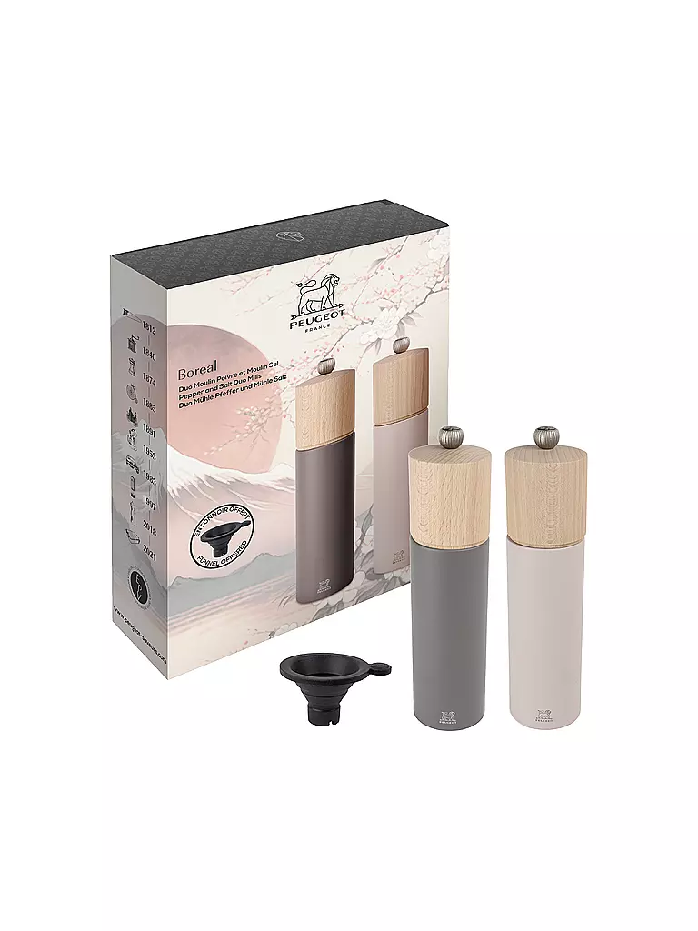 PEUGEOT Geschenkset - Duo aus Boreal Pfeffer- und Salzmühle 21 cm und Silikontrichter Felsgrau und Rosa hellgrau