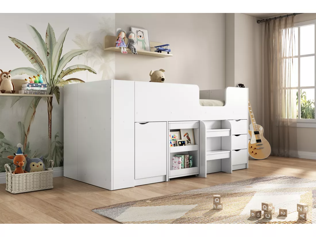 Lit mezzanine 90 x 200 cm avec bureau coulissant, 3 tiroirs et 1 porte - Bois MDF - Blanc (sans matelas)