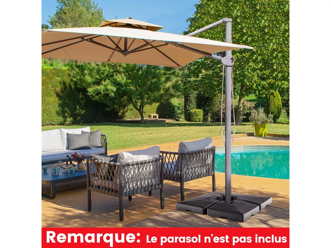 Lot de 4 Dalle Parasol Déporté, Lestage Poids Parasol Carré en HDPE à Remplir 20L d'eau ou 27Kg de Sable, Base pour Parasol avec Poignée, Rond, Protection UV, 102 x 102 x 12 cm