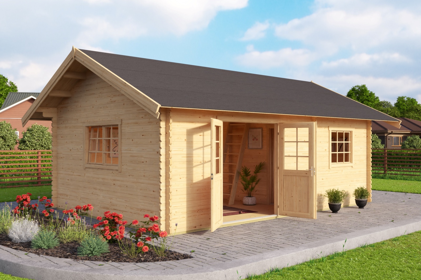 Gartenhaus CAROLINE SET GOLD - natur - Fichte massiv - 575x390 cm