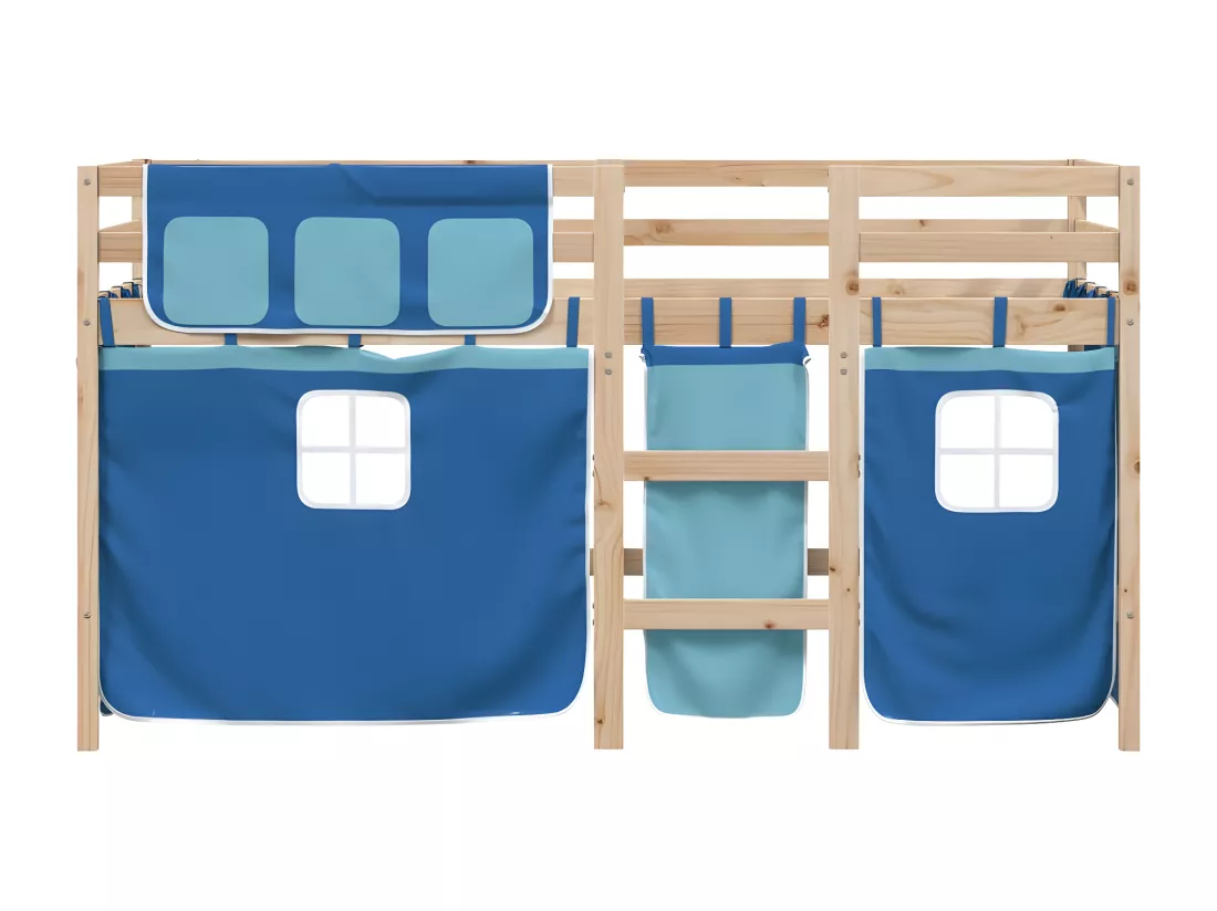 Lit mezzanine enfants et rideaux bleu 90x200cm bois pin massif