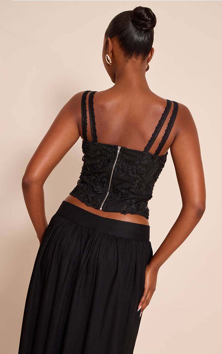 Noir Corset Baleiné À Texture Florale