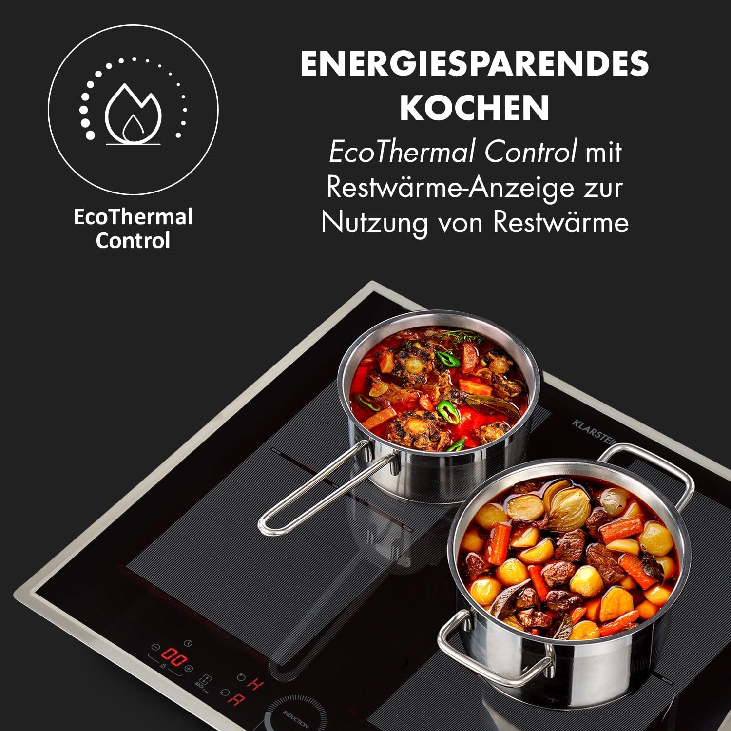 Klarstein Kochfeld, Glaskeramik, 4 Platten, Einbaukochfeld mit Touch-Display, Digitalanzeige und Timer-Funktion, Schnelles Aufheizen, 7000 Watt