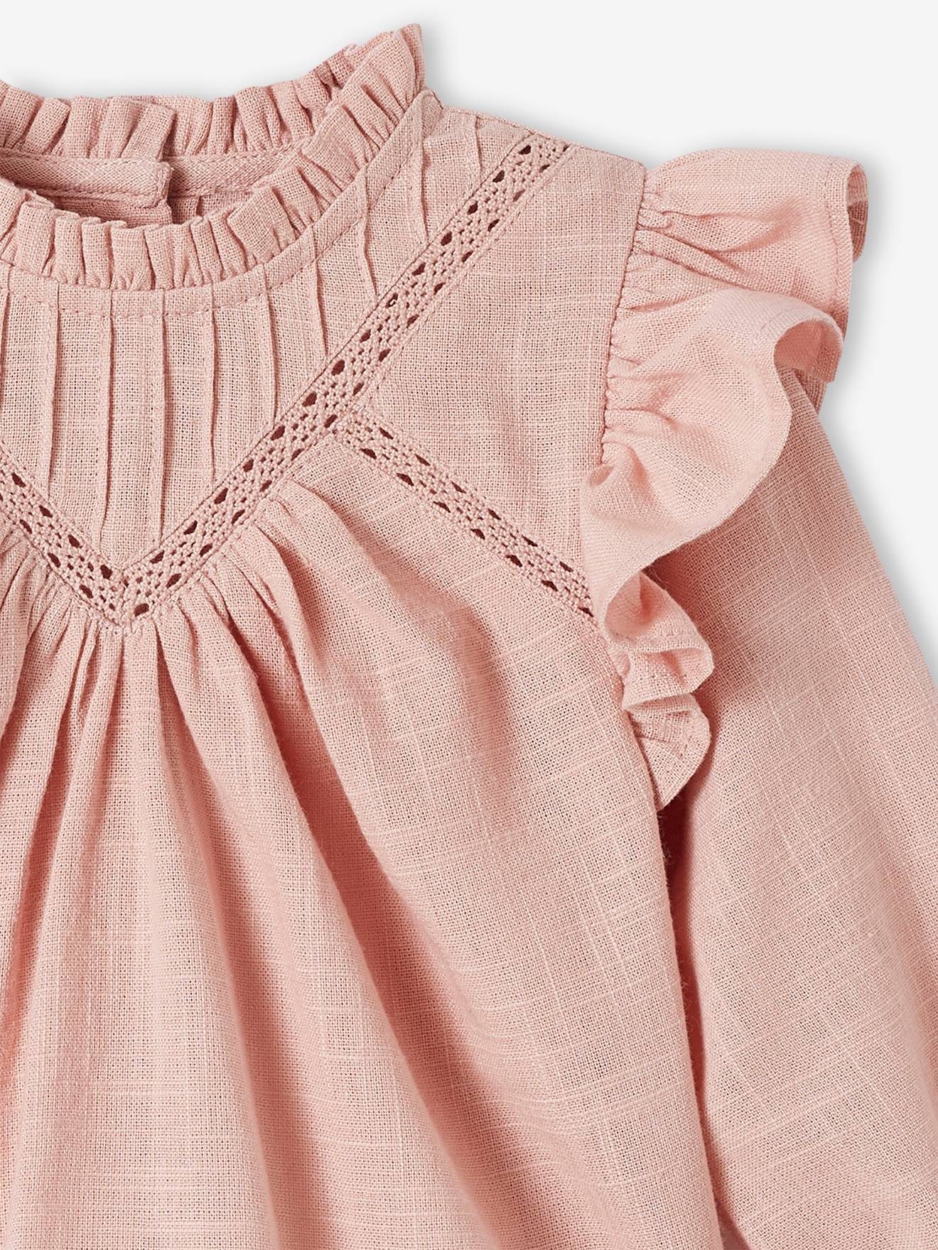 Blusa com babado em tecido texturizado, rosa bebê para maquiagem