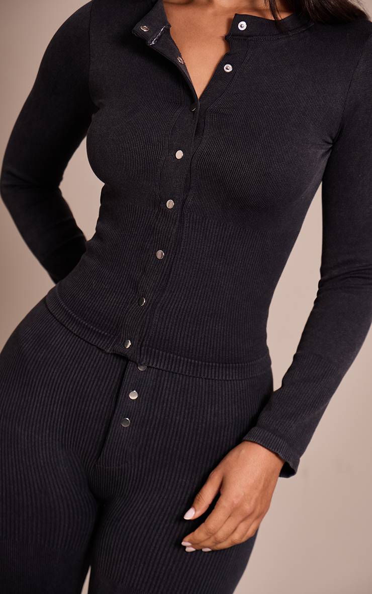 Gris Haut Petite Côtelé Délavé À Manches Longues Boutonné Ajusté