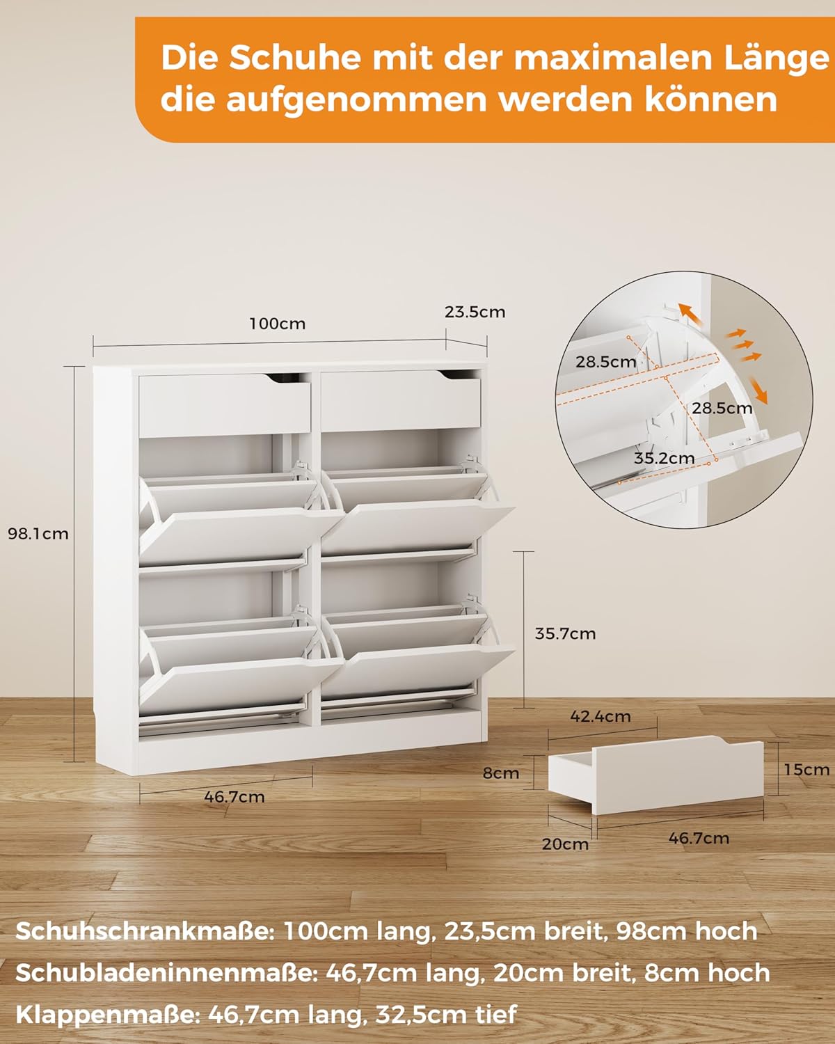 IRONCK Schuhschrank mit 4 Klappen, Schuhkipper Schmal mit 2 Schubladen, freistehendes Schuhregal, Schuhkommode mit verstellbaren Trennwände, Schuhablage Schrank für Flur Eingang und Wohnzimmer (Weiß)