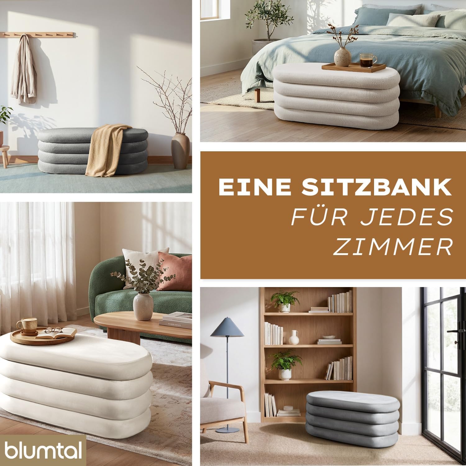 Blumtal Sitzbank mit Stauraum XL oval, Bouclé-Bezug - robuste Truhenbank mit Stauraum & Bouclé-Stoff-Bezug 110 x 45 x 42.5 cm - Truhe mit Stauraum - Schuhbank mit Sitzfläche - Pouf Hocker Creme