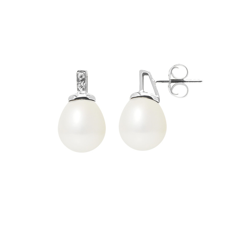 Boucles d'Oreilles Perles de Culture Blanches, Diamants et Or Blanc 750/1000