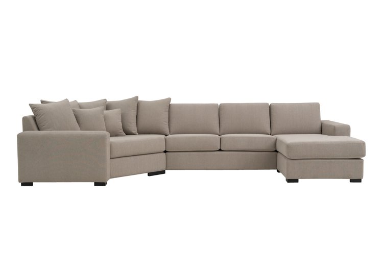 Modern Living hjørnesofa Cosy Corner venstre og 2-seter med sjeselong høyre. Tekstil Kall 9 Cappuccino med Arm A og ben 2 sortbeiset eik.