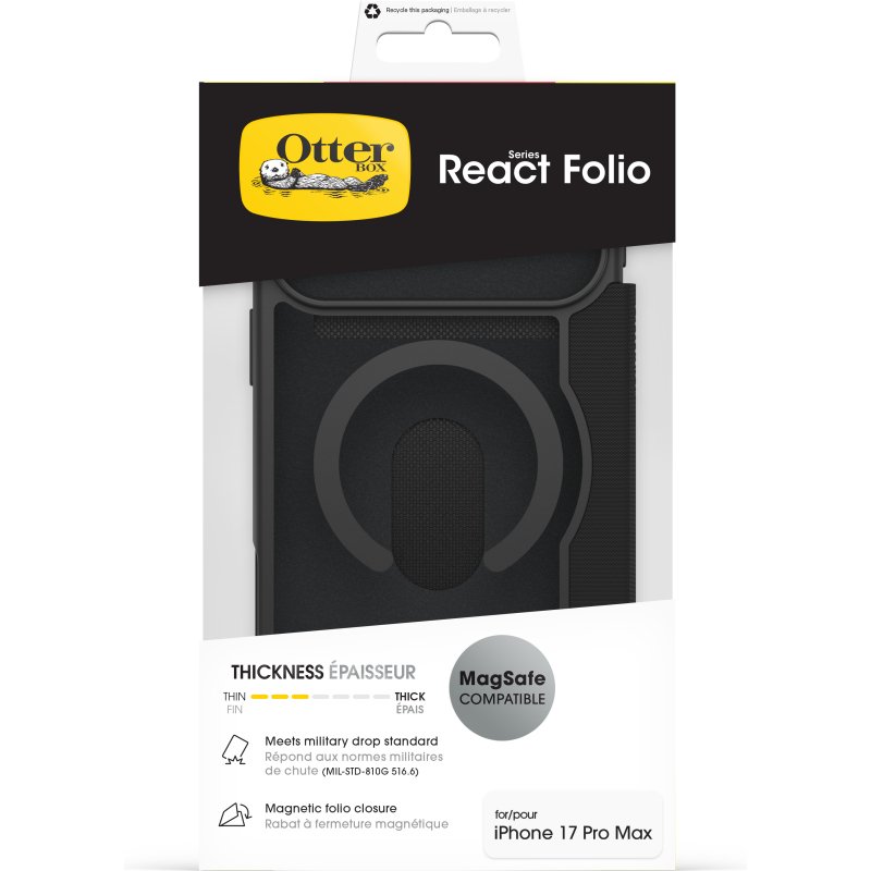 OtterBox React Folio MagSafe Series pour Apple iPhone 17 Pro Max, noir Crystal, transparente/noir